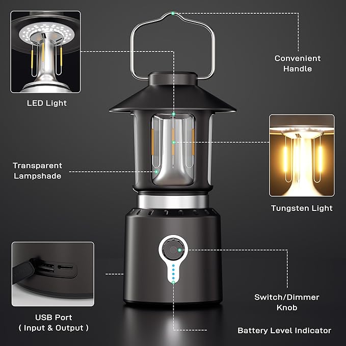 Camping Lantern Rechargeable, Telescopic 8000mAh Retro Waterproof Camping Light, Electric Lanterns for Power Outages, Vintage Hurricane Lamp for Tent Outdoor Patio RV Fishing