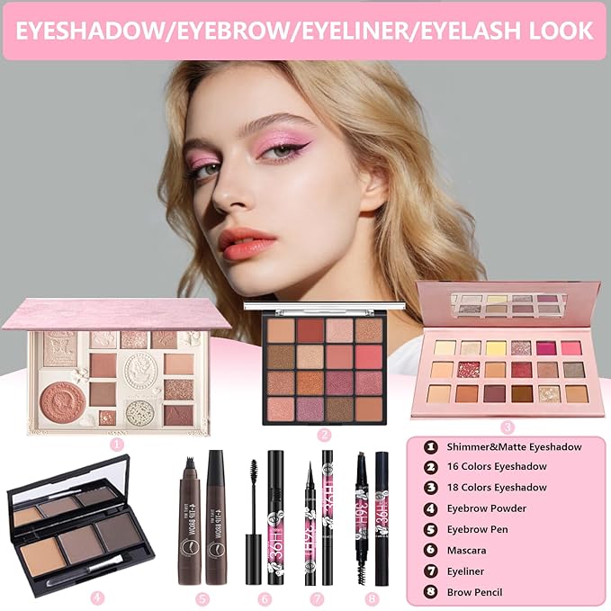 All-in-One Makeup Kit for Teens Women Full Kit, Makeup Gift Set for Girls, Makeup Essential Bundle Includes Eyeshadow Foundation Lipsticks Lipgloss Mascara Eyeliner Contour Stick Cosmetic Brush Set