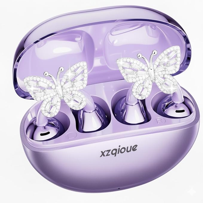 Jewelry-Inspired Clip On Earbuds,Comfortable Fit Open Ear Clip-On Headphones,Wireless Bluetooth Ear Cuff Headphones for Women,Earrings Earbuds for Running,Office,Sport&Gift (Butterfly - Purple)
