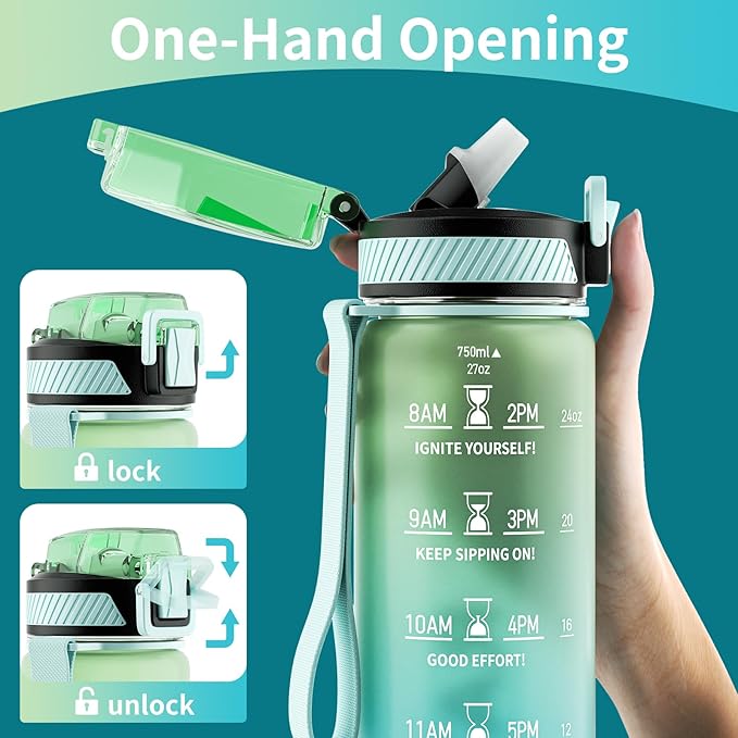 QLUR Water Bottle with Straw, 27oz Motivational Water Bottles with Time Marker to Drink, Tritan BPA Free, 750ml Sports Water Bottle with Carry Strap LeakProof for School Fitness Outdoor (1Pack)