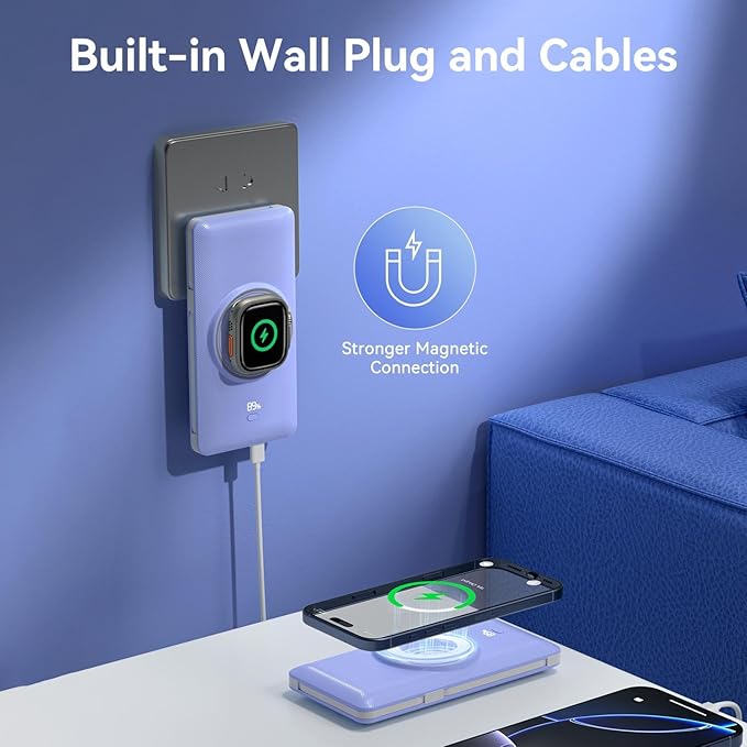 Magnetic 10000mAh Portable Charger for iWatch & iPhone, PD Fast Charging Wireless Power Bank Built-in Cables and Wall Plug, External Travel Battery Pack Compatible with iOS Android Phones