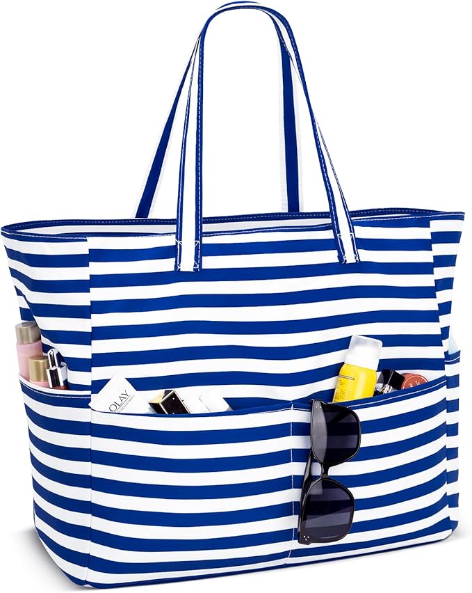 Iioscre Beach Bag for Women, Causal Hobo Pool Bags with Zipper Inner Pocket, Foldable Swim Tote Bag for Vacation Essentials