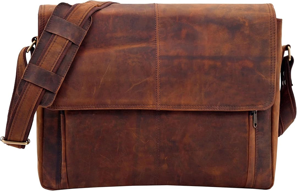 Full Grain Leather Messenger Bag – Brown Buffalo Leather Laptop Briefcase for Men, Handmade Vintage Satchel Crossbody Bag for Work Office College Travel, 16 Inch Computer Business Bag