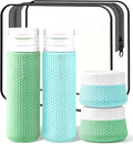 Travel Bottles for Toiletries 90ml with Cosmetic Jar 40ml Luxury Leather Pattern, Anti-Slip Silicone Premium Refillable Bottle Set with Facial Brush for Gym Men Women