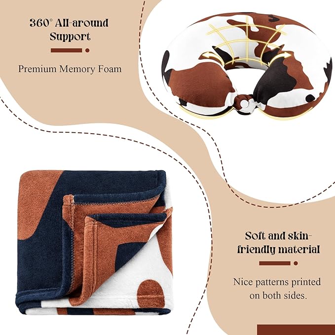 HunnmingRe 5 Pcs Travel Pillow and Blanket Set, 5 in 1 Travel Airplane Compact Includes 40 x 60 Inch Throw Blanket Eye Mask Neck Pillow Earplug and Bag Gifts for Travelers Women(Cow Print,Brown)