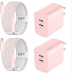 Fast Charger for 15 16 17 Pro Max, 10FT Nylon Braided USB C to C Charging Cable Cord & 20W Dual Port USB C Fast Charger Block for Phone 17 16 15 Pro Max/17 16 15/15 Plus,Air, Android Phone-Pink