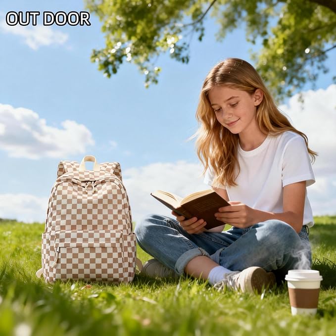 LOIDOU Backpack for Girls School Backpacks Bookbags for Elementary Middle School Women Laptop Backpacks (Brown white checker, L-17)
