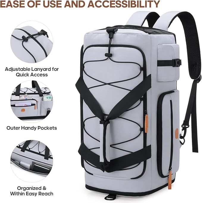Gym Bag for Men and Women with Shoe & Laptop Compartment, 3-in-1 Sports Travel Duffel Bag Anti-Theft Weekender Carry-on Backpack for Airplane & Workout, Overnight Travel Bag, 35L, Light Grey, Medium