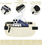 FuninCrea Waterproof Hidden Money Belt for Travel, Anti-Theft Belt Bag with RFID Blocking Function Adjustable Slim Waist Bag with 2 Zipper Pockets and 1 Back Pocket for Travel Running (B, Beige)