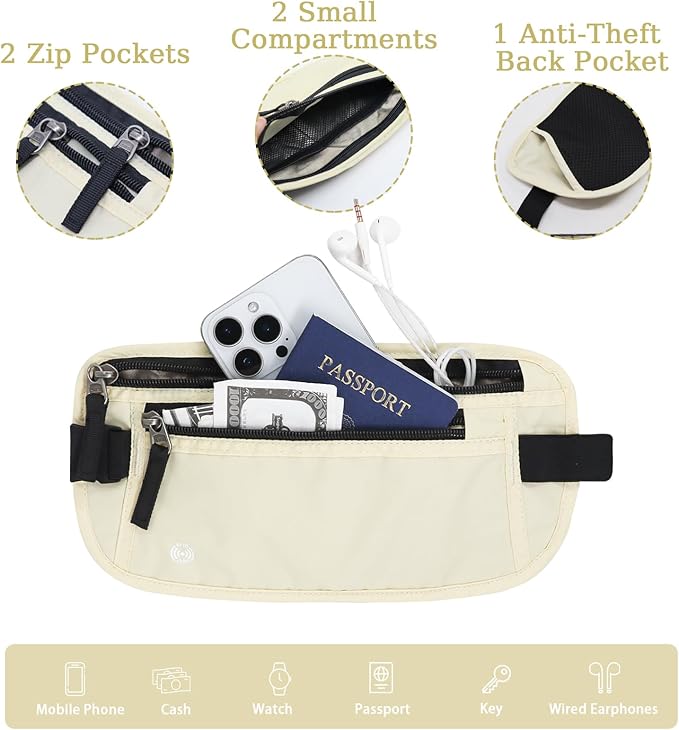 FuninCrea Waterproof Hidden Money Belt for Travel, Anti-Theft Belt Bag with RFID Blocking Function Adjustable Slim Waist Bag with 2 Zipper Pockets and 1 Back Pocket for Travel Running (B, Beige)
