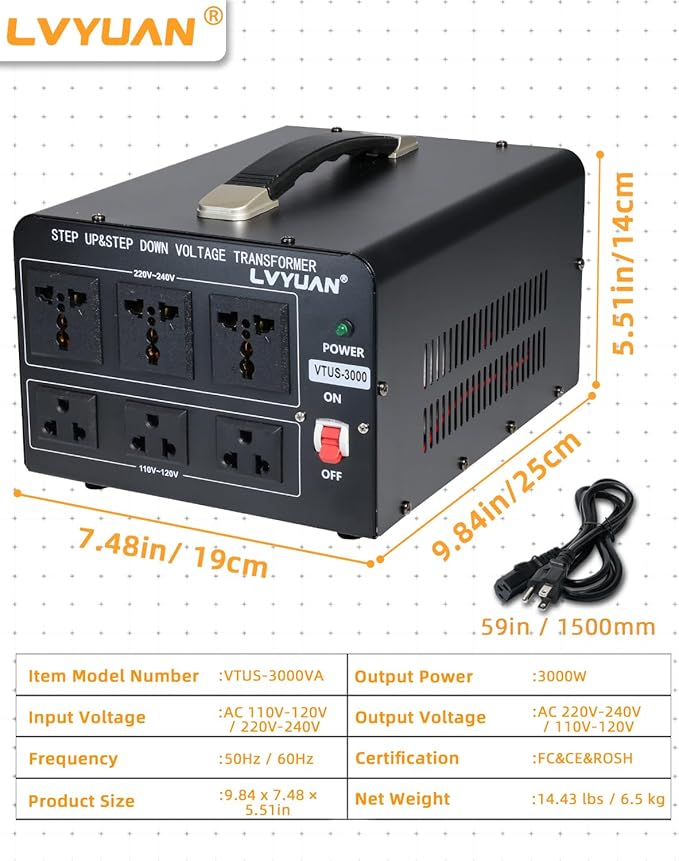 LVYUAN 3000 Watt Voltage Converter Transformer Heavy Duty Step Up/Down AC 110V/120V/220V/240V Power Converter with 3 US Outlets, 3 Universal Outlets, Resettable Circuit Breaker Protection