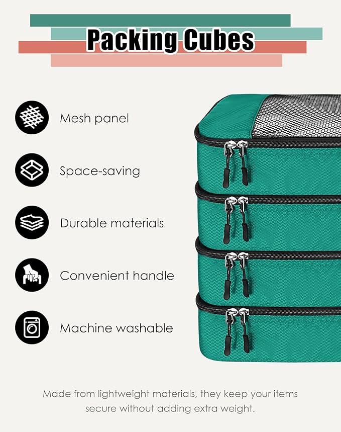 WTREE 4-Piece Packing Cubes Travel Accessories Set for Suitcases - Luggage Organizer Bags with Double Zipper - Mesh Top - Medium - Green