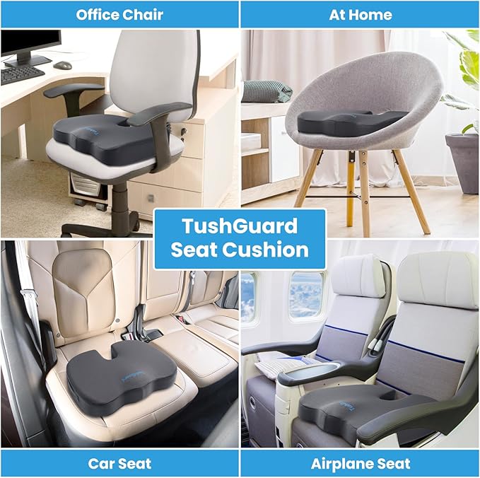 TushGuard Seat Cushion for Office Chair Memory Foam Non-Slip Cushion Back, Relief Chair Pad, Butt Pillow for Office, Car, Computer Desk, Grey, X-Large