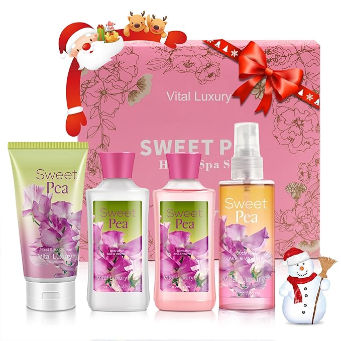 Sweet Pea Bath & Body Kit, 3 Fl Oz, Ideal Skincare Gift Home Spa Set, Includes Body Lotion, Shower Gel, Body Cream, and Fragrance Mist, Birthday Mother's Valentine's Day Gifts for Her