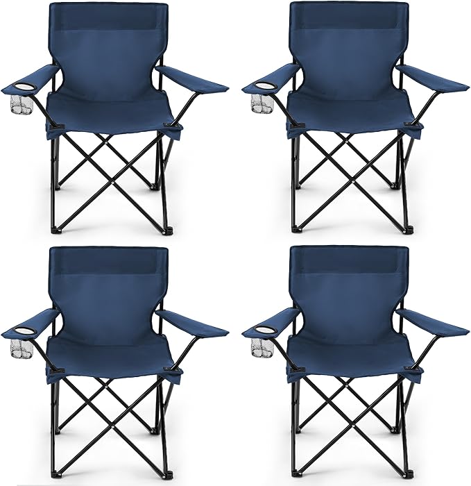 4 Pack Folding Camping Chairs for Adults, Foldable Portable Beach Chairs with Carry Bag & Cup Holder, Compact Design for Camping, Beach, Picnics, and Fishing Supports 300LBS（Navy）
