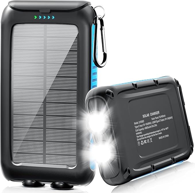 2 Pack, Solar Charger with Built-in Cables 49800mAh +Solar Power Bank 49800mAh for iPhone Android Samsung