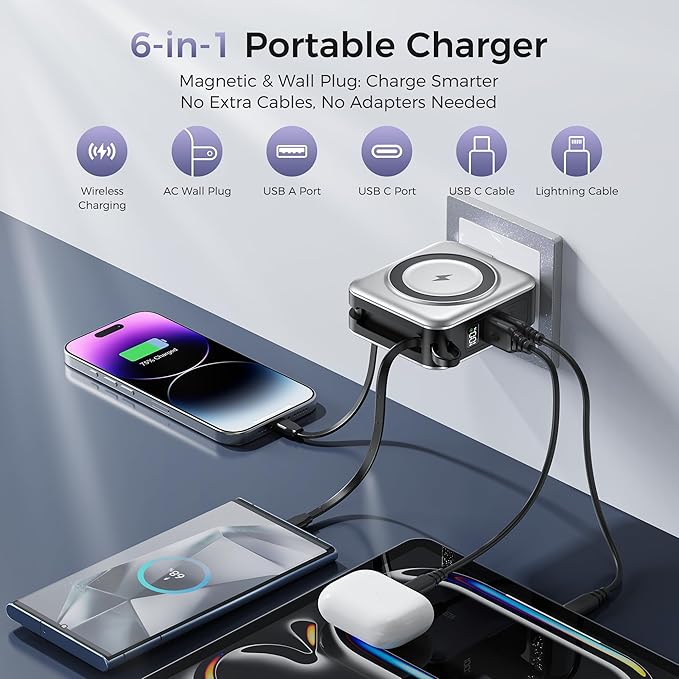 6-in-1 Magnetic Wireless Portable Charger 10000mAh – 22.5W Fast Charging with AC Wall Plug Built-in USB-C & Lightning Cables for iPhone 17/16/15/14/13/12, Android & Samsung(Silver)