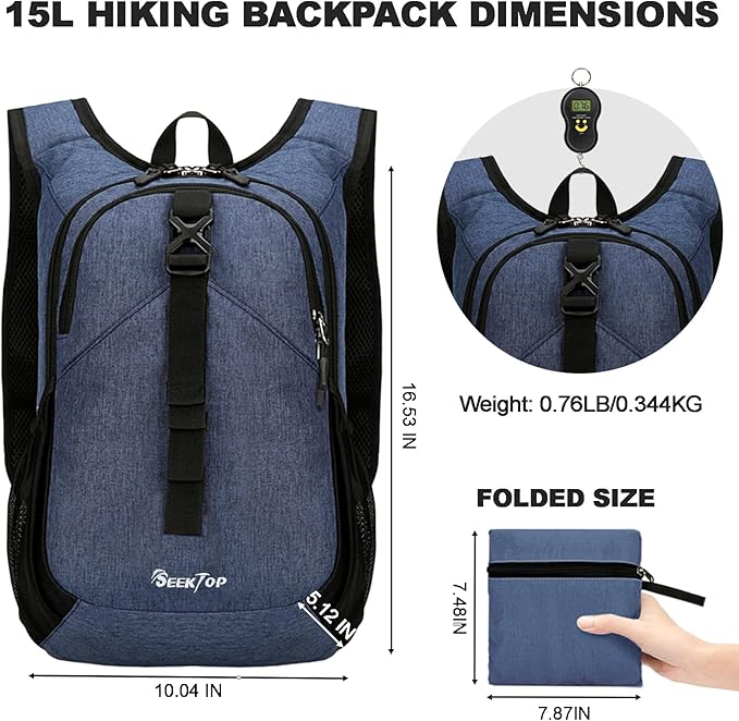 Seektop 15L Small Hiking Backpack for Women Men, Lightweight Hiking Packable Daypack with Phone Pocket for Travel Camping (Dark Blue, 15L)