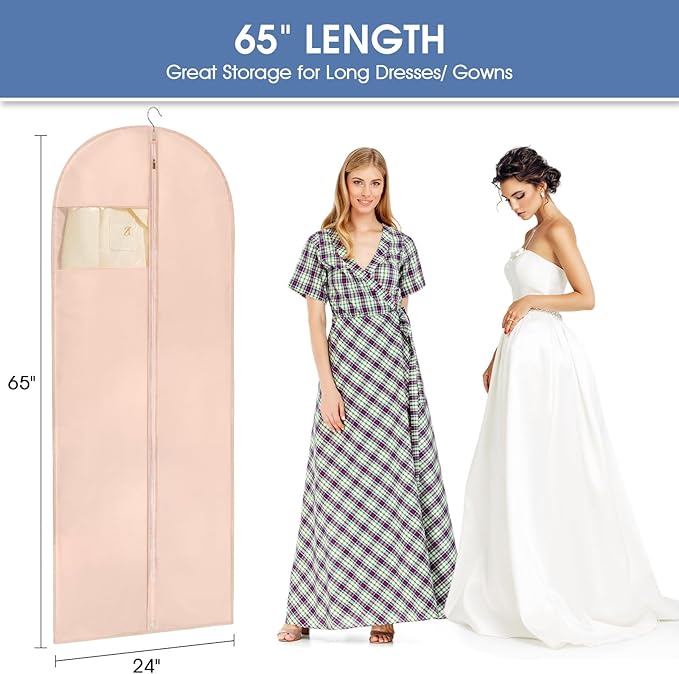 65'' Dress Bags for Gowns, 4 Pack Pink Garment Bags for Hanging Clothes, Dress Garment Bag Women, Long Dress Cover for Coats, Dresses, Uniforms