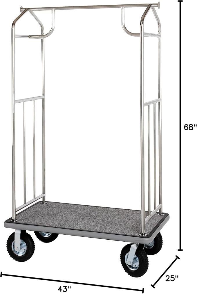 Stainless Steel Luggage Cart – 800lb Capacity – Bellman Cart w/ 6” Air Filled Tires & Gray Carpet, for Hotel, Resorts, Condos, Commercial Use (Value Valet Series)