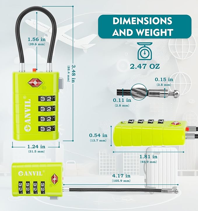 ANVIL 4 Digit Luggage Locks, TSA Locks for Luggage, Advanced TSA008 core, Alert Indicator for Your Travel Lock, Suitcase Lock. (3, Grass Green)