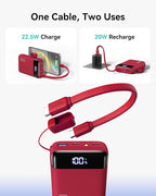 INIU Smallest 20000mAh Power Bank, 22.5W PD Fast Charging Portable Charger with Detachable Cable, Flight-Safe Battery Pack with LED Display for iPhone Google College Students Teen Boys Girls, Red