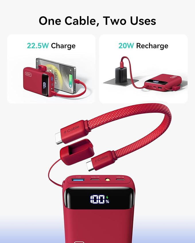 INIU Smallest 20000mAh Power Bank, 22.5W PD Fast Charging Portable Charger with Detachable Cable, Flight-Safe Battery Pack with LED Display for iPhone Google College Students Teen Boys Girls, Red
