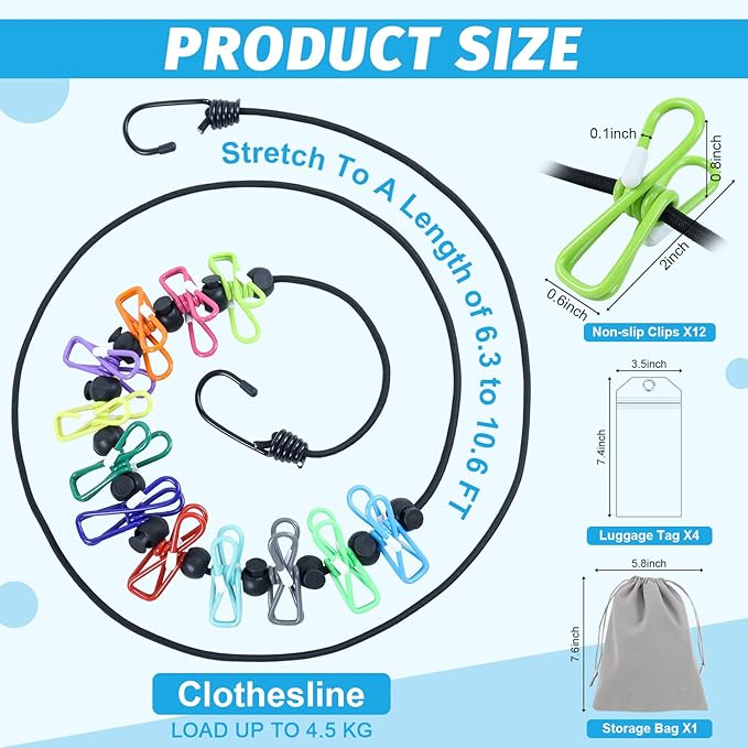 Travel Clothesline for Cruise Retractable Clothesline with 12 Clothesline Clips 2 Strong Magnets Hooks 4 Luggage Tags Camping Portable Clothesline for Hotel Room RV Indoor Cruise Ship Essentials 2026