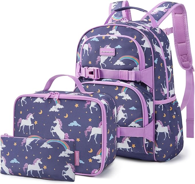 mommore Kids Backpack for Girls 4-8 with Lunch Box Elementary Kindergarten Preschool School Backpack 15'' Fit Folders Bottles, Purple Unicron