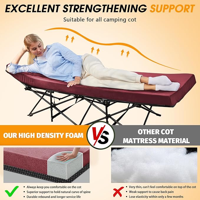 CYMULA Camping Cot Mattress 2in Memory Foam Sleeping Pad,Soft Warm Non-Slip Camping Mattress Topper with Retaining for Adults,Portable Roll up Pad for Travel（only Mattress）