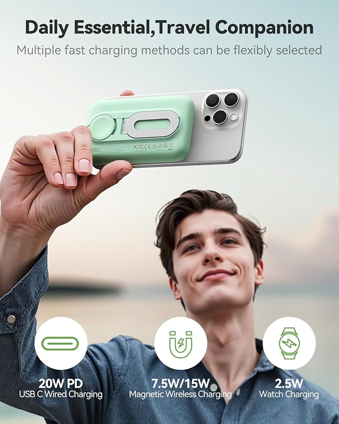 Magnetic Portable Charger for iPhone and Apple Watch, 10000mAh Wireless Power Bank PD 20W USB-C Fast Charging Battery Pack with Stand for iPhone 17/16/15/14/13/12 Pro Max、Air、iWatch 11-1/SE/Ultra 3-1