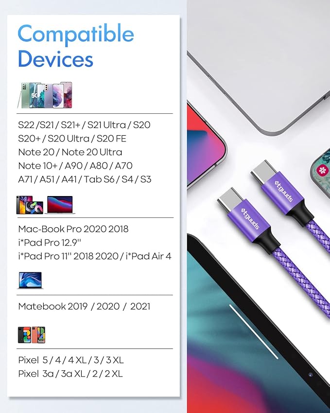 etguuds Purple USB C to USB C Cable 3ft, 2-Pack 60W USBC to USBC Cord, Type C to C Charger Cable Fast Charging for iPhone 17 16 15 Pro Max Plus Air, Samsung Galaxy S25 S24 S23, for MacBook/iPad, Pixel