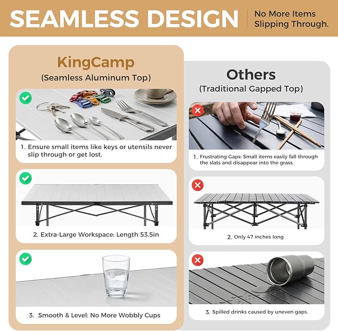 KingCamp Aluminum Camping Table Foldable, Large 53.5" Roll Up Camp Table Folding Seamless Tabletop Heavy Duty Duck Hunting Camping Tables Metal Portable Outdoor Collapsible for RV BBQ Picnic Hunting
