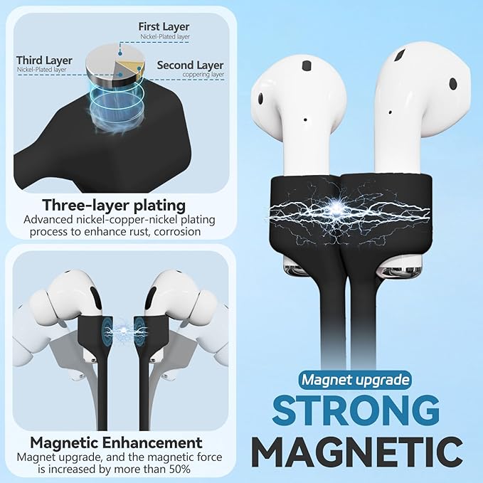 Mooyavia 1 Pack Ultra Strong Magnetic Anti-Lost Straps for AirPods, Soft Silicone Sports Lanyard - Compatible with AirPods Pro 1st/2nd & AirPods 3rd - Black