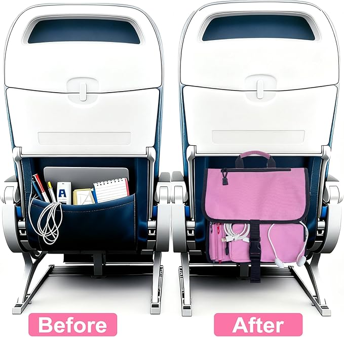 Airplane Seat Storage Pocket, International Travel Essentials,Airplane Pocket Organizer, Airplane Travel Accessories,Removable Toiletry Bag Designed (pink)
