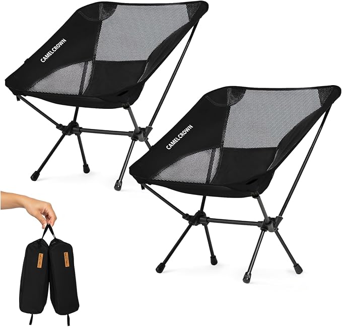 CAMEL CROWN Portable Camping Chair Lightweight Compact Folding Chair Mesh for Outdoor Camp Travel Beach Picnic Festival Hiking Backpacking Black 2 Pack