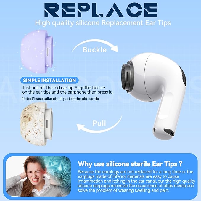 4 Pairs Replacement Ear Tips for AirPods Pro 2nd/1st Generation with Portable Storage Box & Cleaner Pen,Noise Reduction Holewith & Built-in dust Guard Screen,Silicone EarTips(Purple)