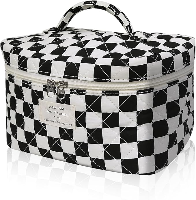 Gosect Large Makeup Bag, Cute Cosmetic Bag for Women Girls, Floral Coquette Aesthetic Toiletry Bag, Travel Make Up Organizer Bag (Black Checkered)