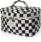 Gosect Large Makeup Bag, Cute Cosmetic Bag for Women Girls, Floral Coquette Aesthetic Toiletry Bag, Travel Make Up Organizer Bag (Black Checkered)
