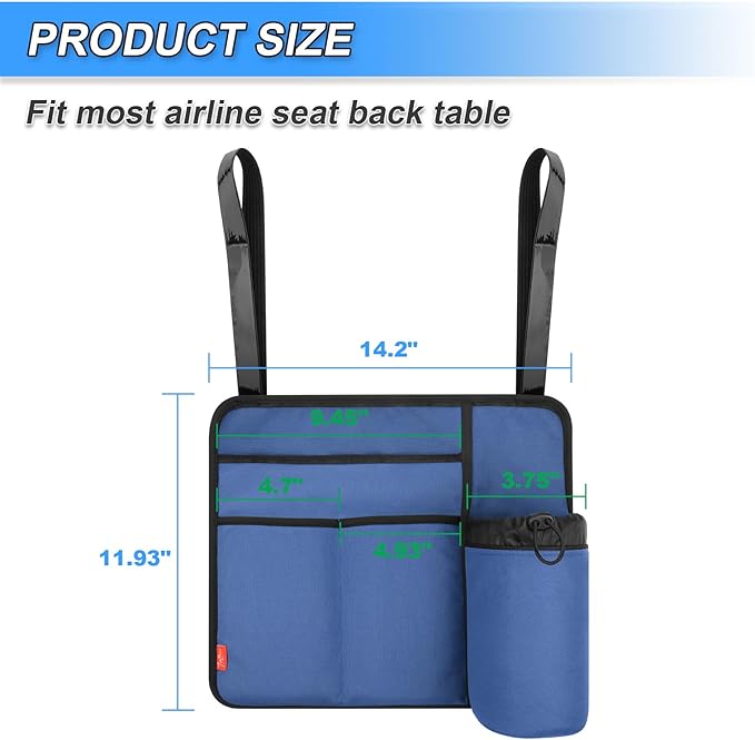 Airplane Seat Back Organizer & Storage, Airplane Tray Table Cover for Personal Items, Airline Seat Hanging Pockets Media Pouch,Reusable Travel Essentials,Fits Tablets,Cell Phone,Water Bottle (Blue)