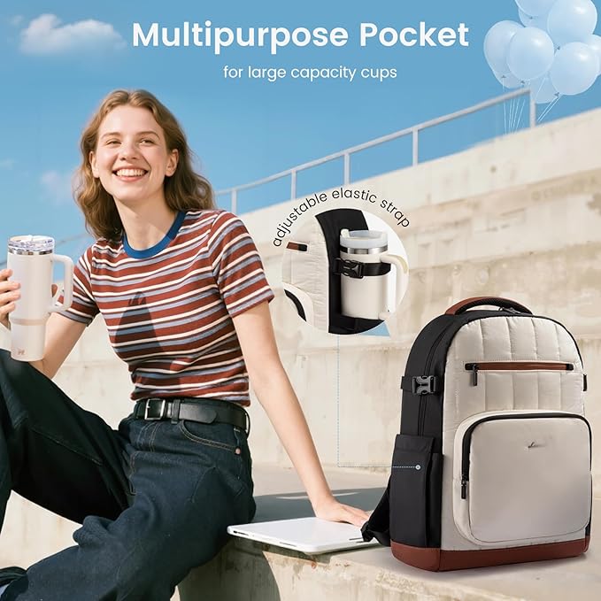 LOVEVOOK Laptop Backpack for Women with Giant Tumbler Holder Pocket,17 Inch Puffer Travel College Work Backpack Purse for Teacher Nurse,Casual Laptop Bag Computer Back Pack Daypack,White-Black-Brown
