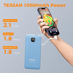 TESSAN Portable Charger with Built in Cables, 10000mAh Power Bank Fast Charging with Foldable AC Plug, PD20W Compact Battery Pack Travel Essentials for iPhone 17/16 Series, Samsung, Tablets, Blue