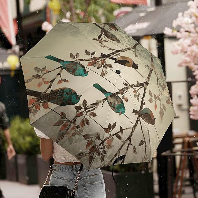 Strongest Windproof Travel Umbrella Birds on Branches Printed Automatic Folding Rain Umbrella, Durable Premium Grip, Fits Car & Backpack