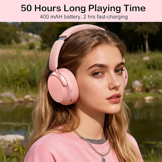 B8 Bluetooth Headphones Over Ear, 6 EQ Music Modes and 50H Playtime Deep Bass Wireless Headphones with Mic, Lightweight Folding HiFi Stereo Headset for iPad/Travel/Tablet/PC/Home Pink