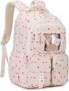 PIG PIG GIRL Corduroy Backpack Kids Backpack for Girls School Bags for Middle School Students Book Bag for Elementary Primary Kawaii Ita Backpack, Beige Strawberry