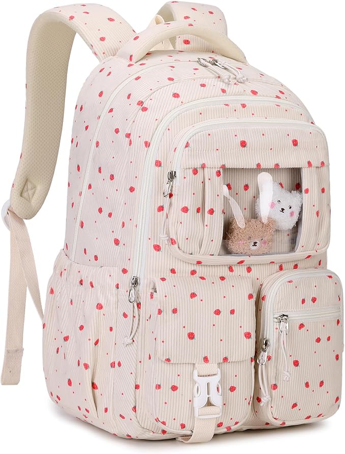 PIG PIG GIRL Corduroy Backpack Kids Backpack for Girls School Bags for Middle School Students Book Bag for Elementary Primary Kawaii Ita Backpack, Beige Strawberry