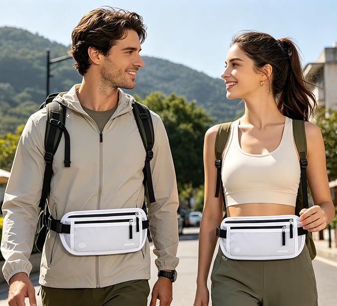 RFID Blocking Money Belt - Passport Holder & Travel Wallet, Slim Hidden Fanny Packs for Women Men - White