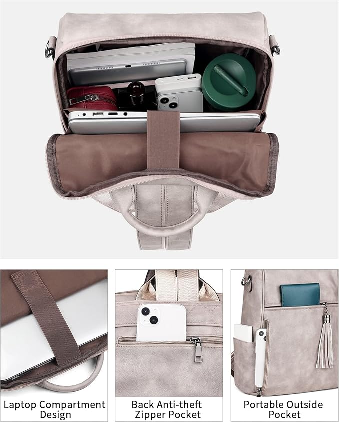 FADEON Laptop Backpack Purse for Women Large Designer PU Leather Laptop Bag, Ladies Computer Shoulder Bags