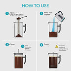 Belwares French Press Coffee Maker - Large 50oz 6-Cup, 304 Stainless Steel Coffee Press, Double Wall Insulated Heat Retention, 4-Level Filtration for Smooth Ground-Free Coffee, 2 Extra Filters, Black