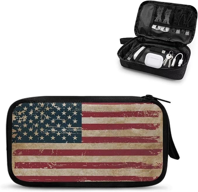 Vintage USA Flag Print Large Electronics Organizer - Travel Case, Cord Organizer, Accessories for Women